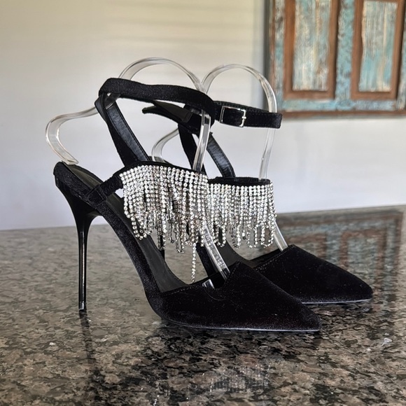 ASOS velvet Black Heels with Crystal Fringe 9 - Picture 1 of 15